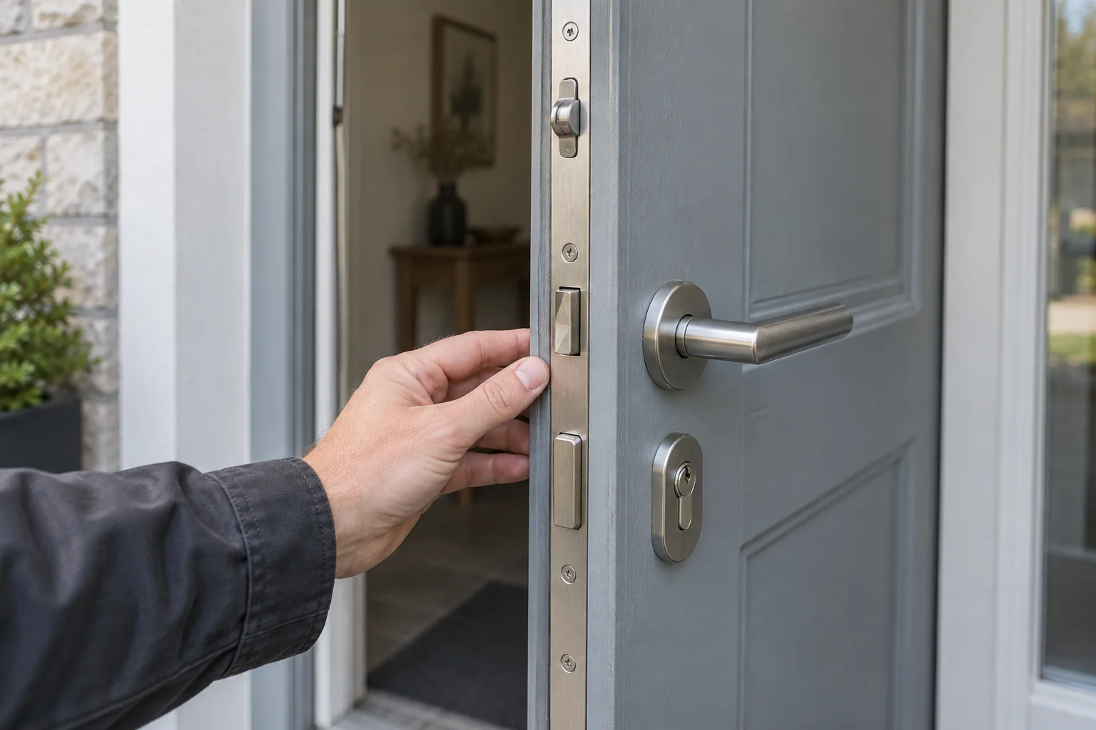 Mécanisme multipoints visible sur le chant d’une porte ouverte